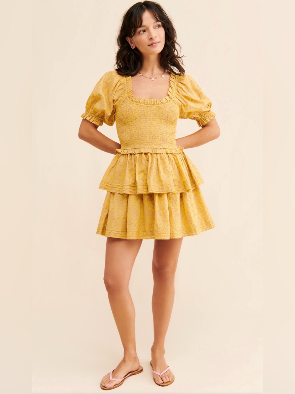 Anthropologie Cleobella Luna MiniDress puffsleeve smocked size XL yellow paisley